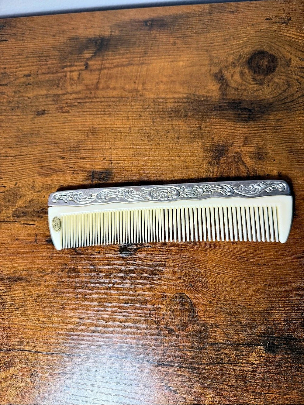 Vintage Mid Century Floral Repousse Pocket Comb Made in Hong Kong Vanity Vtg